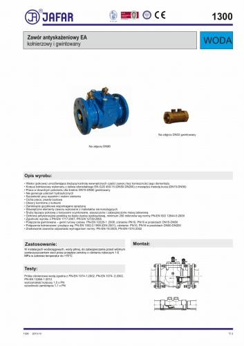 Zawory zwrotne antyskażeniowe EA 1300  karta katalogowa str.1