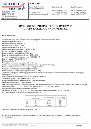 Hydranty nadziemne HN3 karta katalogowa str.1